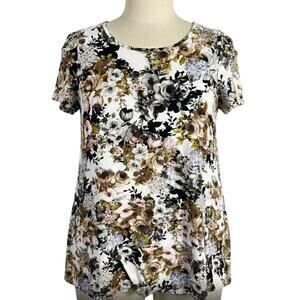 Vibe Tunic Blouse Plus 1X Brown Pink Blue Floral Strappy Cold Shoulder Detail